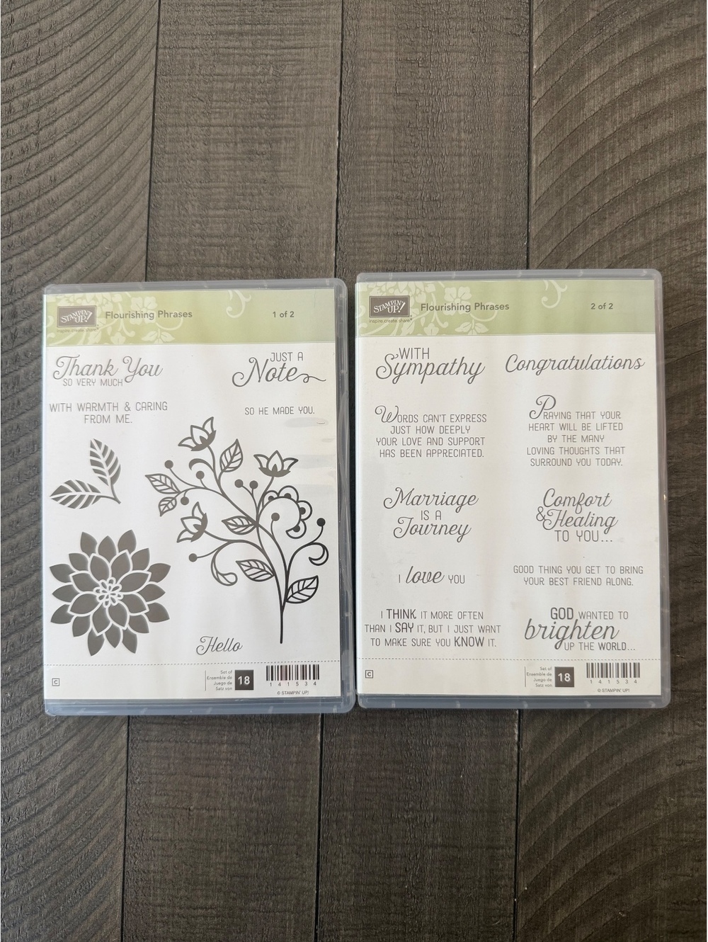 Stampin’ Up Flourishing Phrases 1 & 2 stamp sets with die cuts